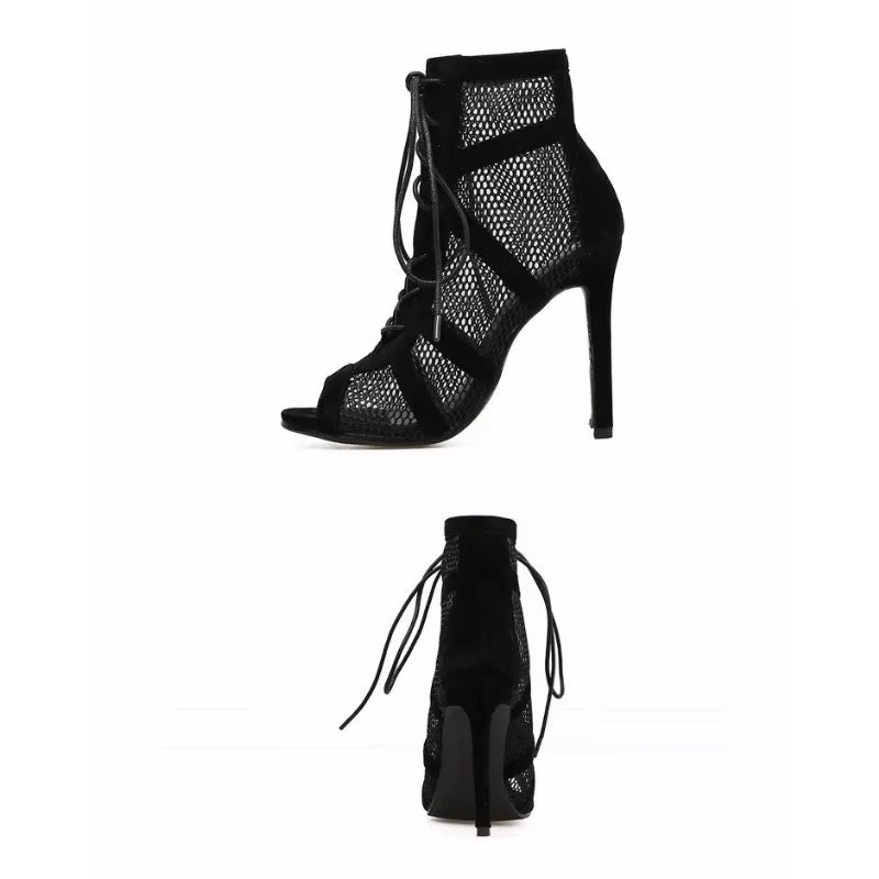 New Fashion Show Black Net Fabric Cross Strap Sexy High Heel Sandals Woman Shoes Pumps Lace-Up Peep Toe Sandals Casual Mesh