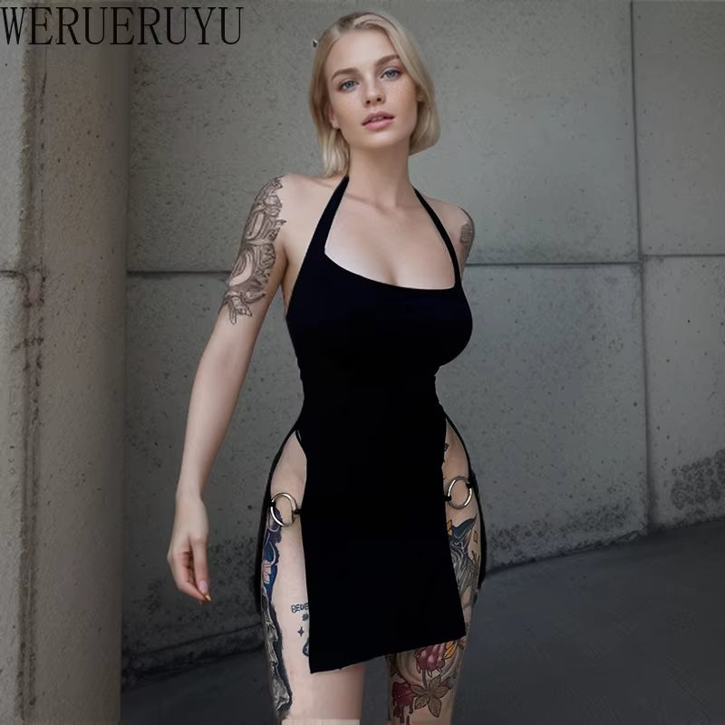 Black Backless Hollow Out Halter Dress Woman Aesthetic Clothing Elegant Fashion Summer Evening Bodycon Mini Dresses for Womens