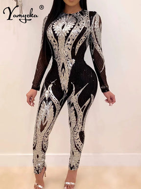 Sexy Long Sleeve Sequin Bodycon Jumpsuit Women Body Bodysuit One Piece Birthday Party Nightclub Outfits Womens Jumpsuits Overall