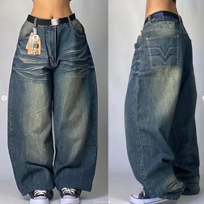 2024 New American Harajuku Retro Straight High Waist Y2K Street Style Women Washed Blue Pockets Baggy Jeans Gothic Wide Pants