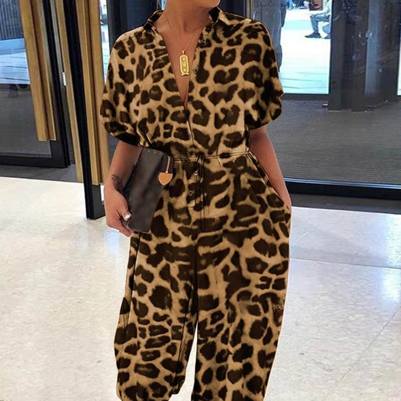 Leopard Printed Jumpsuit Women 2023 Summer New Short Sleeves Leace-Up Pocket Casual Jumpsuits Fashion Vintage Ladies Bodysuits