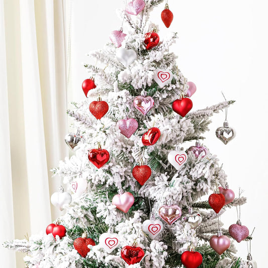 Valentines Day Decor Heart Decorations, 48 Pcs Red Pink Silver White Plastic Heart Tree Ornaments, Christmas Valentine Tree Decorations for the Home Wedding Dinner Gifts Table Tiered Tray Decor