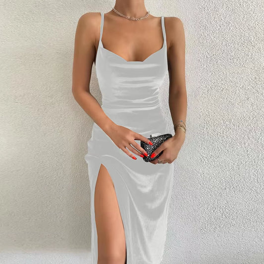 Velvet Swing Collar Sleeveless Slip Sexy Slit Maxi Dress 2024 New Fashion Evening Party Women Elegant Streetwear Y2K