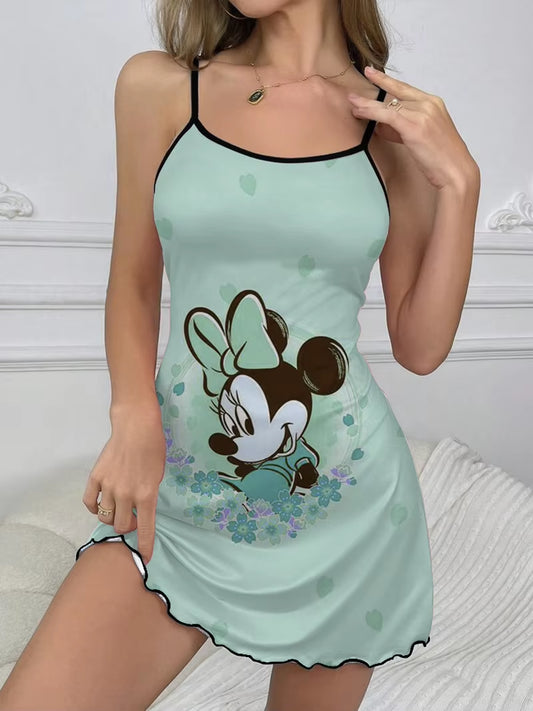 Sexy Dress Minnie Mouse Fashion Summer Dresses 2024 Disney Crew Neck Mickey Pajama Skirt Elegant Dresses for Women Lettuce Trim