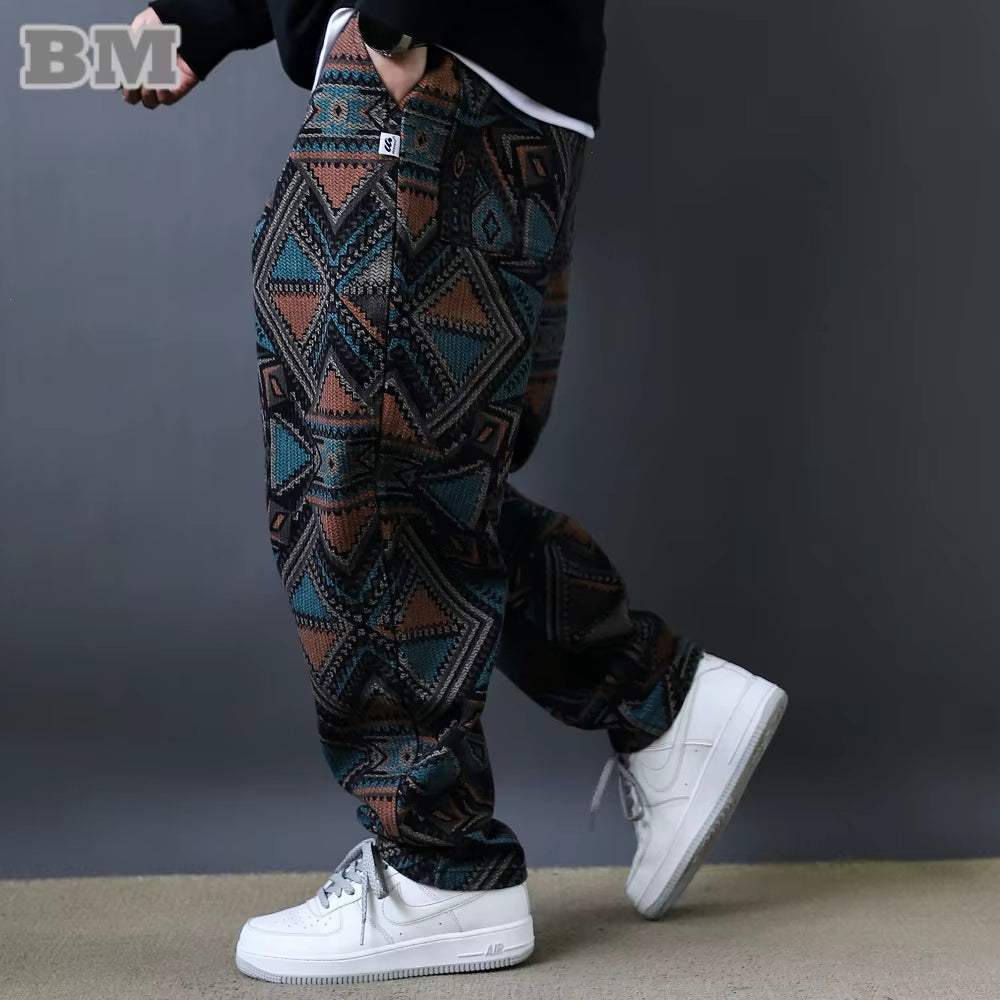 High Quality Ethnic Print Trendy Skateboard Jeans Men Fashion Denim Pants Vintage Casual Trousers Streetwear Baggy Men'S Pants