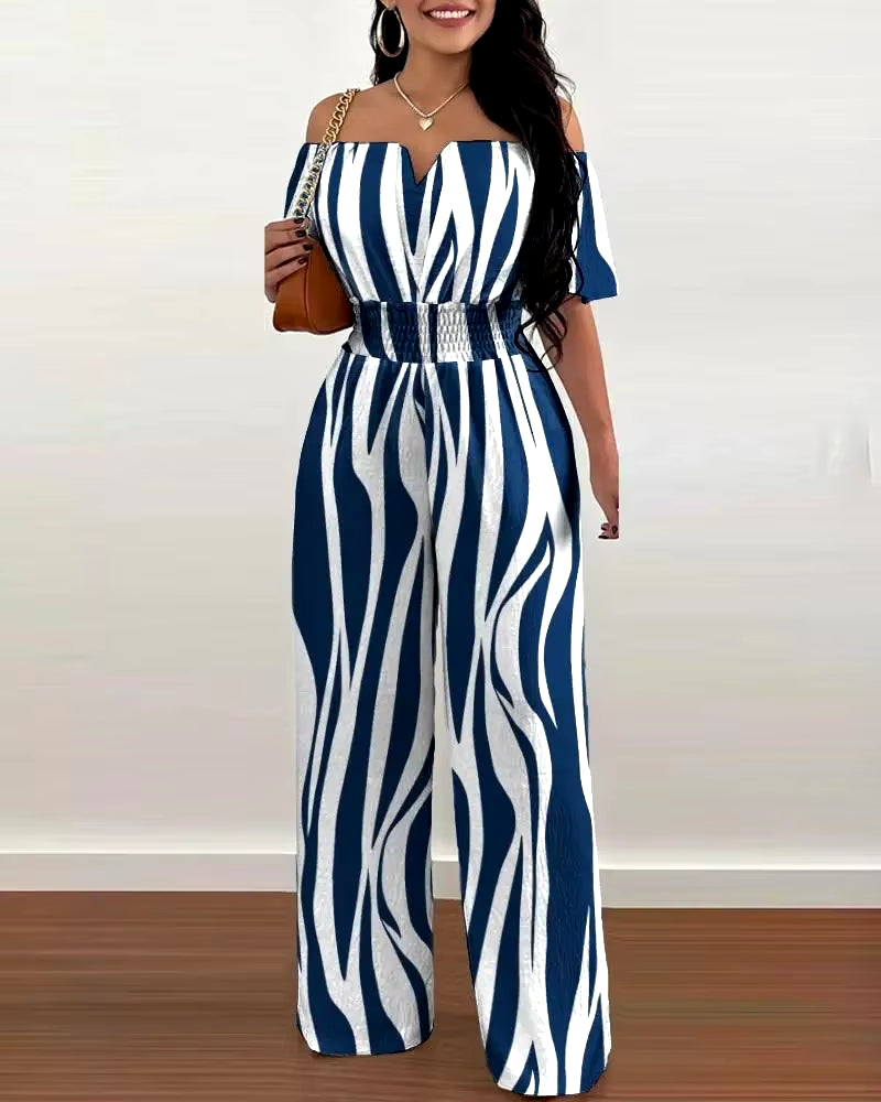 Summer Elegant off Shoulder Women'S Jumpsuit 2024 Fashion Trend Casual Short Sleeve Wide Leg Pants Jumpsuits for Women Overalls