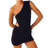 Women Skinny Mini Dress Evening Party Summer Clothes Solid Color Sleeveless One Shoulder See through Dress Sexy Club