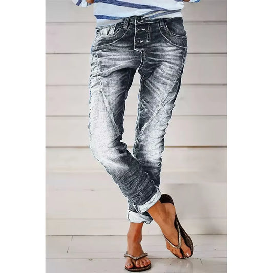 Vintage Button Fly Stitch Trim Low Waist Blue Jeans for Women 2023 New Fashion Black Jeans