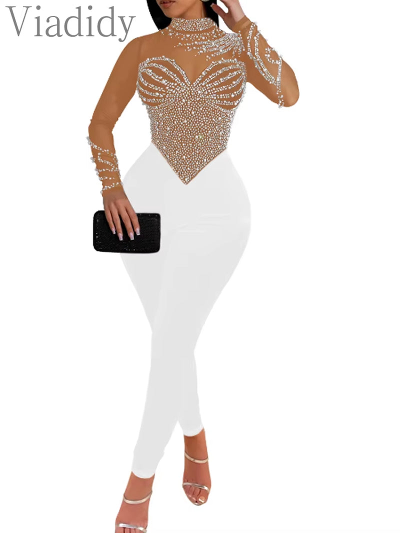 Pearls Rhinestone Romper for Women Jumpsuits Mesh See through Skinny One Piece Overalls