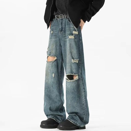 NEW Baggy Jeans Man Frayed Damaged Hole Baggy Wide Leg Jeans for Men and Women Streetwear Casual Ropa Hombre Denim Trousers