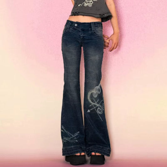 Y2K Low Rise Flare Jeans for Woman Streetwear Aesthetic Print Jean Pants Vintage Washed Denim Trouser Grunge Fairycore