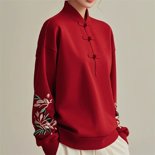 Chinese Style Women'S 2024 New Spliced Stand Collar Button Embroidery Fashionable Solid Color Loose Casual Long Sleeved Tops