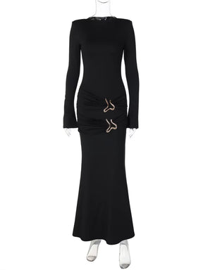 Autumn Fashion Black Maxi Dress for Women Pleated Slim High Waist Long Sleeve Elegant Sexy Party Dress Ladies Y2K Dress