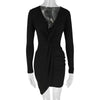 Women Long Sleeves Dresses New Autumn Streetwear Fashion Folds Casual Slim Dress Black Sexy V-Neck Low Chest Elegant Lady Dress