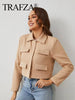 Spring Jacket for Women Slim Cropped Coat Elegant Solid Long Sleeve Jacket Front Flap Pocket Outerwear Fashion Streetwear