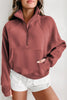 Brown Fleece Lined Zip Up Stand Collar Thumbhole Sleeve Sweatshirt