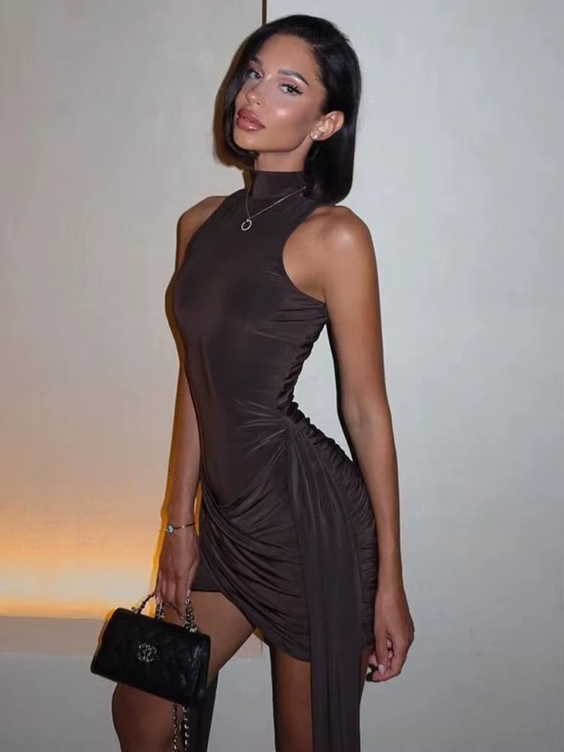 Turtleneck Sleeveless Sexy Mini Dress for Women Fashion Irregular Ruched Tank Dress Femme Elegant Club Party Dress