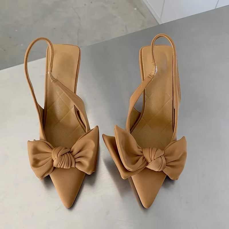 2024 Summer Brand Women Slingback Sandals Heeled Shoes Fashion Bow-Knot Pointed Toe Slip on Ladies Elegant Dress Pumps Shoes