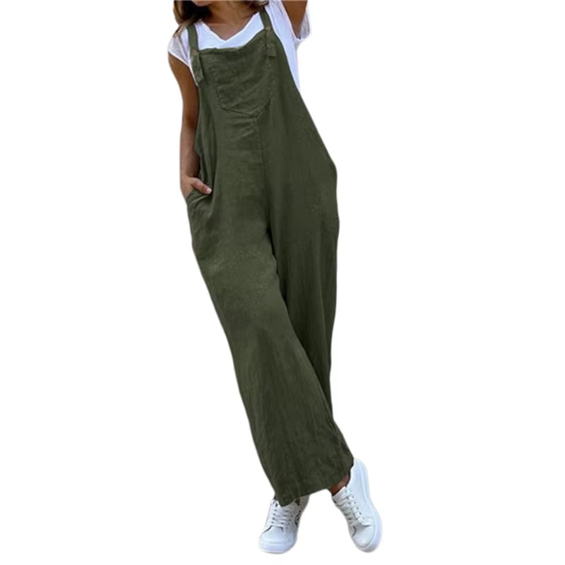 Summer Jumpsuit for Women Solid Color Jumpsuit Casual Long Pant Pockets Button Wide Leg Strap Jumpsuit Loose Rompers Overalls