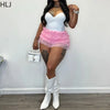 HLJ Sexy Solid Bodysuits Two Piece Sets Women V Neck Spaghetti Strap Slim Bodycon and Lace Ruffle Mini Skirts Outfits Streetwear