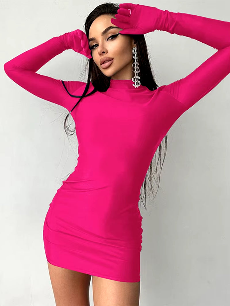 Solid Long Sleeve with Gloves Mini Dress Bodycon Sexy Streetwear Party Half Turtleneck Outfits Y2K Clothes Wholesale