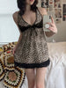 Leopard Lace Trim V-Neck Women Short Dresses Slim Sexy Gyaru High Fashion Bow Lace up Camisole Dresses