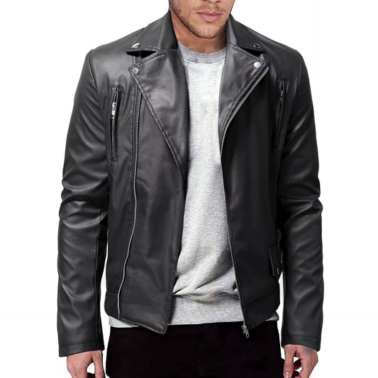 Men PU Leather Jacket Solid Color Casual Slim-Fit Zipper Long Sleeve Turn-Down Collar Motorcycle Leather Jacketcoat Men Clothing