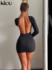 Summer Women Milk Silk Mini Dress Casual Classic Backless Full Sleeve O-Neck Basic Fit Bodycon Female Concise Streetwear