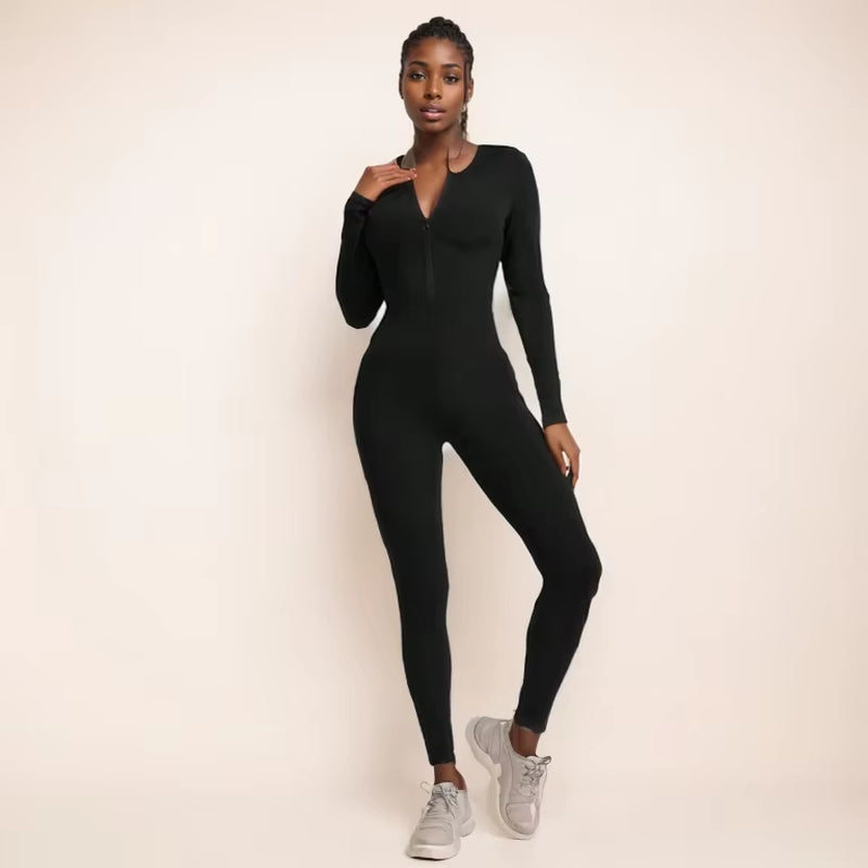 Fall New Hot Sale Sexy Bodysuit for Women Solid Color Ribbed Long Sleeve Zipper Bodycon Sporty Clothing Rompers Women'S Jumpsuit