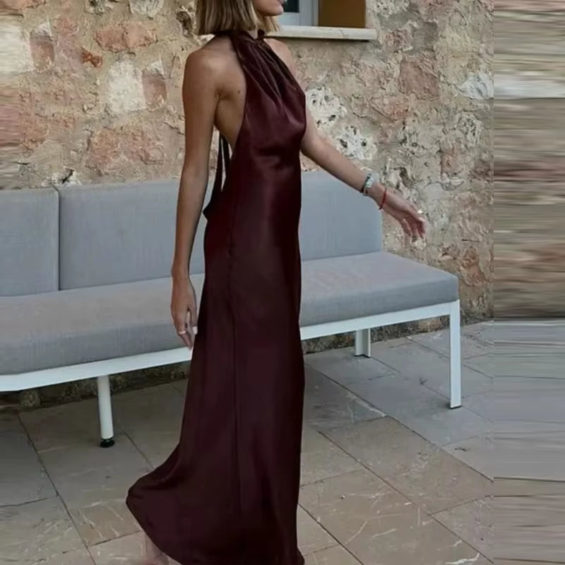 Halter Satin Long Dress Women Tied Backless Brown Midi Dress Summer off Shoulder Party Dresses Pleated Evening Dress