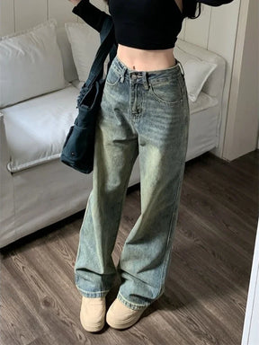 Y2K Baggy Wide Leg Jeans Women Vintage Streetwear Washed Denim Pants Grunge Basic Slouchy Blue Trousers Femme Autumn