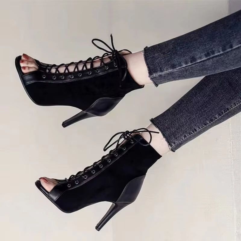 Sandals Hollow Mesh Heels Women'S Shoes Summer 2022 Trend Black Lace-Up Sexy Peep Toe Boots Stilettos Jazz Dance Female Shoes