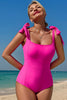 Rose Red Square Neck Knotted Shoulder Open Back One Piece Swimsuit