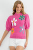 Bright Pink Floral Bubble Short Sleeve Sweater