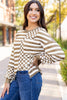 Khaki Checkerboard Striped Patchwork Lantern Sleeve Pocketed Blouse