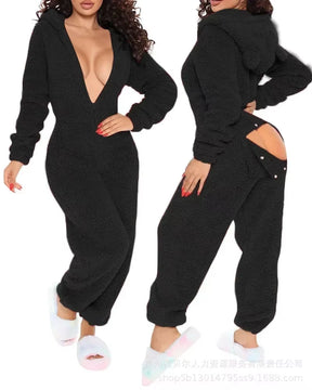 Homewear Pajamas Jumpsuits Women Autumn Winter Long-Sleeved Hooded Trousers Rompers Plush Loungewear Pajamas Jumpsuit Outfits