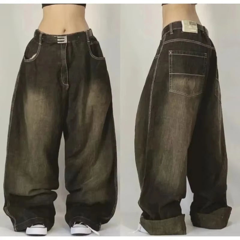 Y2K New Fashion Vintage Leopard Jeans Street Popular Hip Hop Leisure Heavy Industry Baggy Wild High Waist Wide Leg Pants Tide