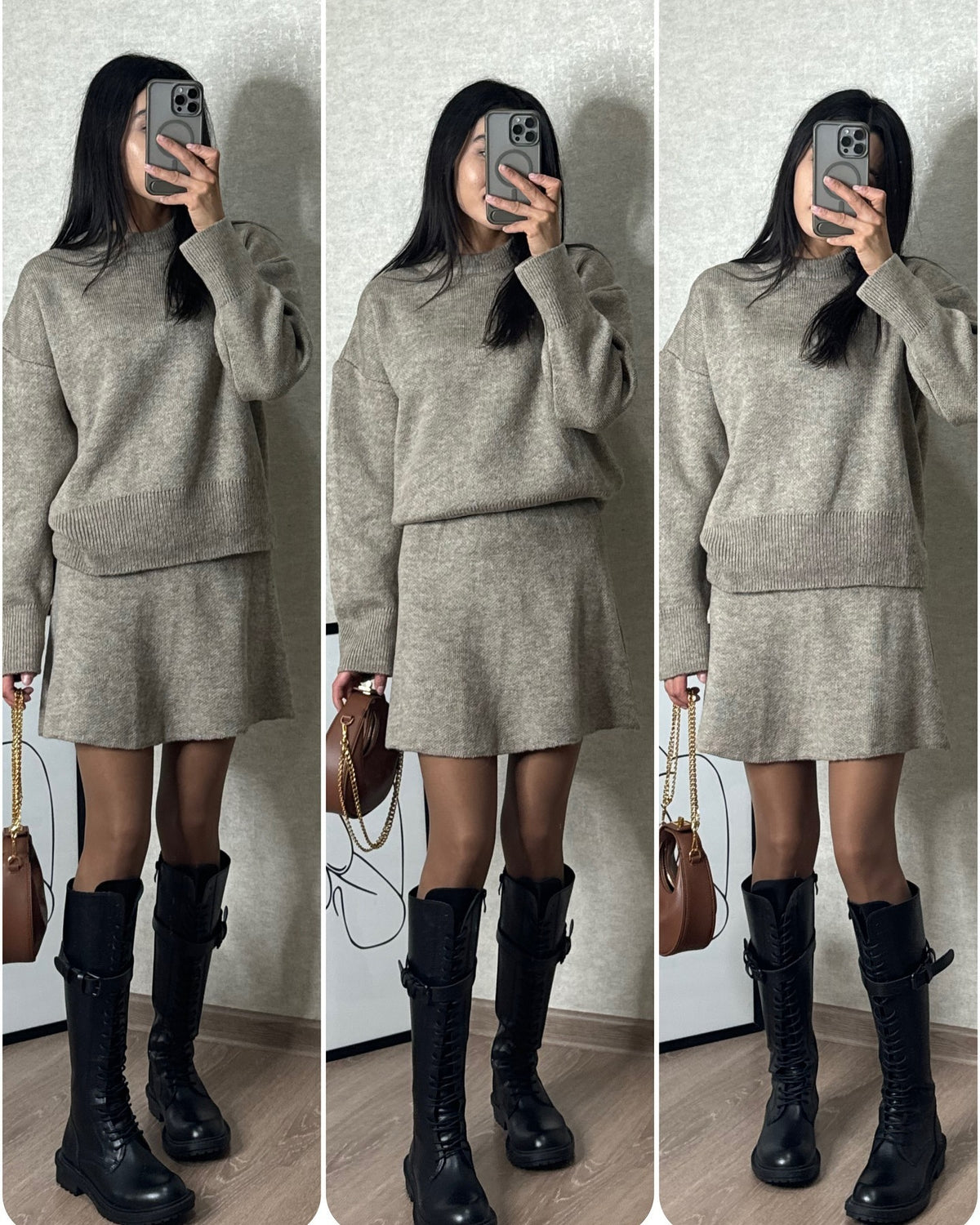 -Sweater Skirt Sets For Women 2 Pieces Knit Casual Versatile Long Sleeve Pullover Elegant Solid High Waist Mini Skirt Outfit