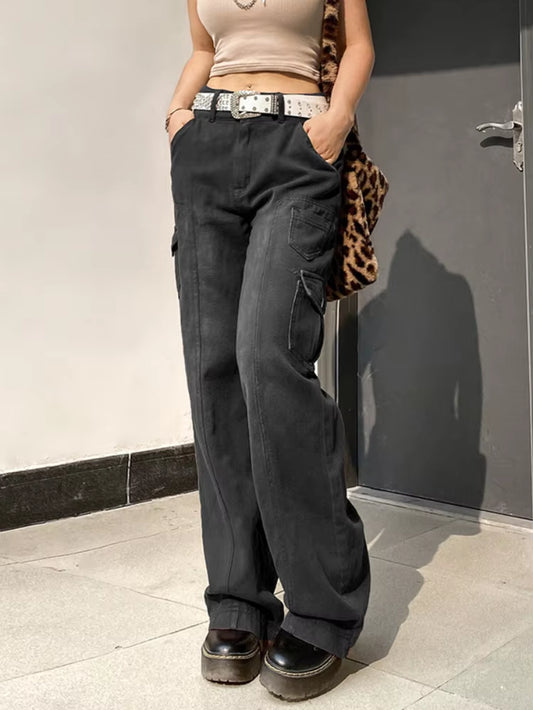 New Street High Waist Straight Leg Casual Jeans with Irregular Pockets Work Clothes Floor Towers Dad'S Pants