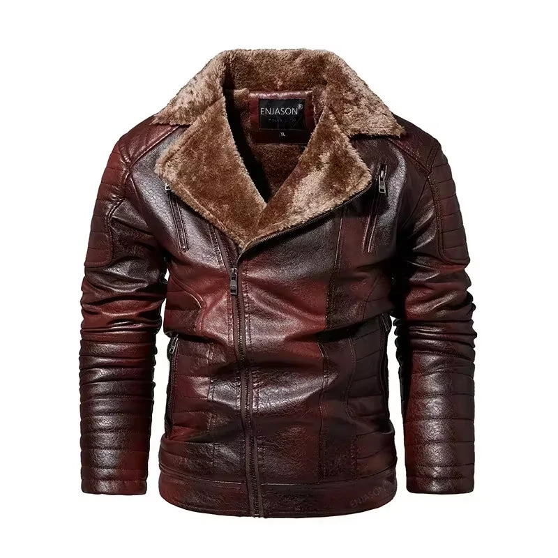 Fashion Warm Winter Men'S Leather Jacket with Fur Collar Thicken Fleece Motorcycle Coat Casual Faux Leather Locomotive Jacket