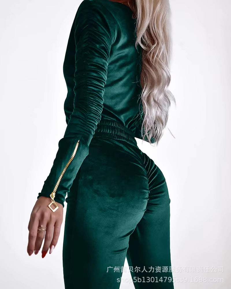 Sexy Bodycon Jumpsuits Women Velvet Zipper Design Sheath Jumpsuits Ruched Long Sleeve Jumpsuit with Elastic Waistbelt