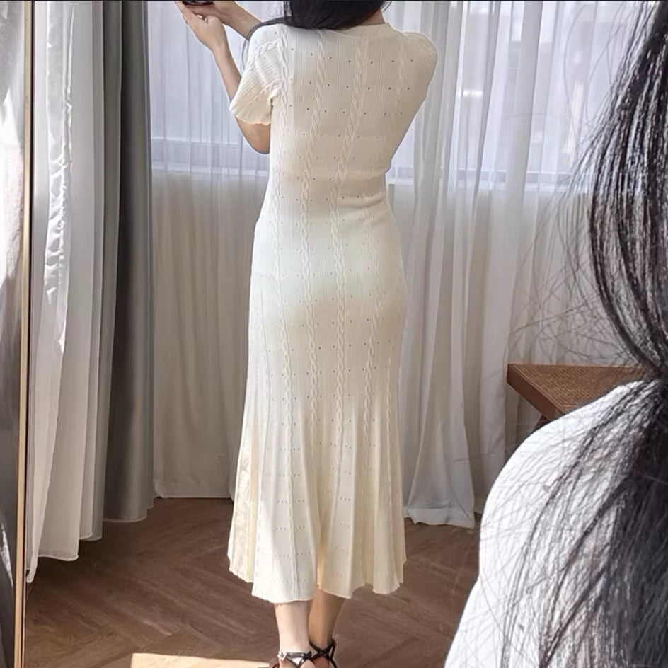 White Hollow Knitted Dress Women 2024 Summer Temperament Short Sleeve Elegant Slim Bodycon Party Dress 5240125