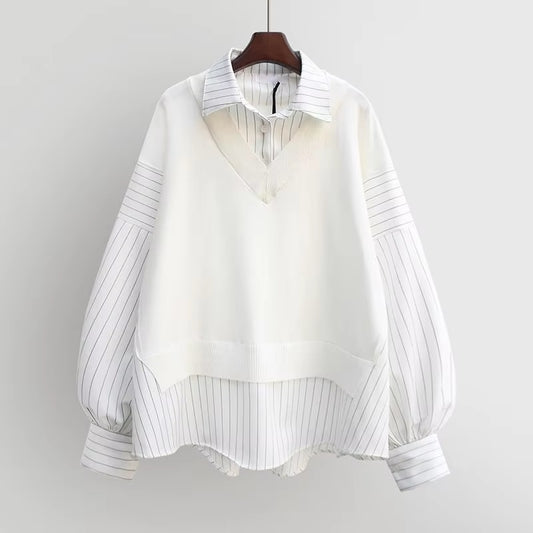 2024 Spring and Autumn New Combination Fake Two Piece Women'S Shirts Korean Loose Fashion Shirt Top