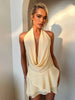 Draped Sexy Backless Halter Mini Dress Women'S Elegant See through Deep V Neck Lace up Mesh Holiday Beach Female Dress