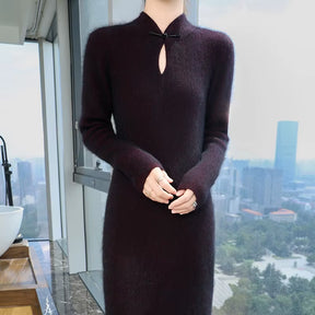 100% Pure Mink Cashmere Knitted Dress Women Stand up Collar Button Long Skirts Casual High Waist over Knee Dress New Thick Skirt