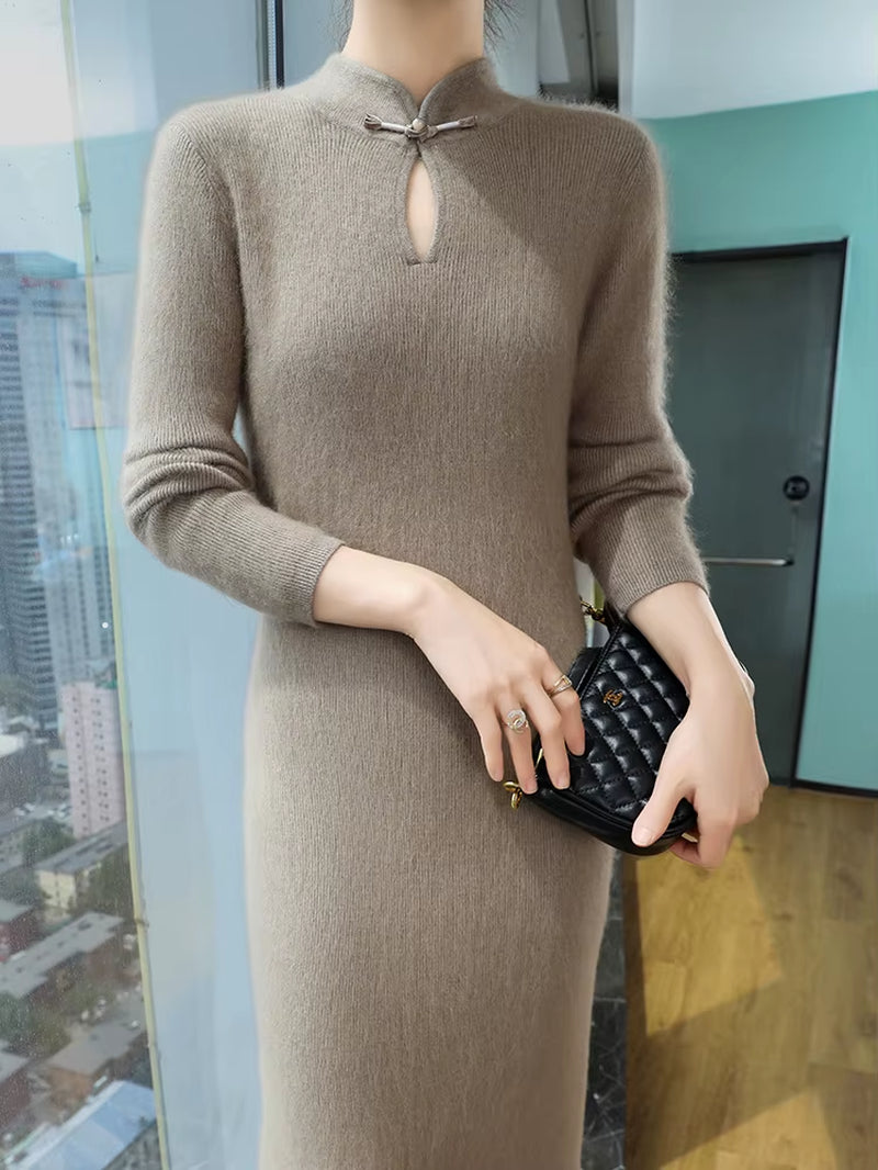 100% Pure Mink Cashmere Knitted Dress Women Stand up Collar Button Long Skirts Casual High Waist over Knee Dress New Thick Skirt