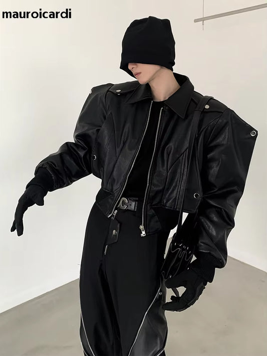 Spring Autumn Cool Handsome Short Oversized Black Pu Leather Jacket Men with Shoulder Pads Long Sleeve Zipper 2023