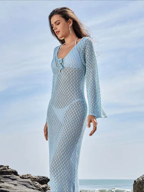 Elegant Floral Knitted Maxi Dress for Women Sexy Hollow Out Long Sleeve Summer Beach Dress Fashion Backless Holidays Beachwear