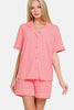 Zenana Button Down Short Sleeve Top and Shorts Lounge Set