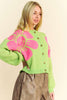 Davi & Dani Flower Contrast Round Neck Long Sleeve Cardigan